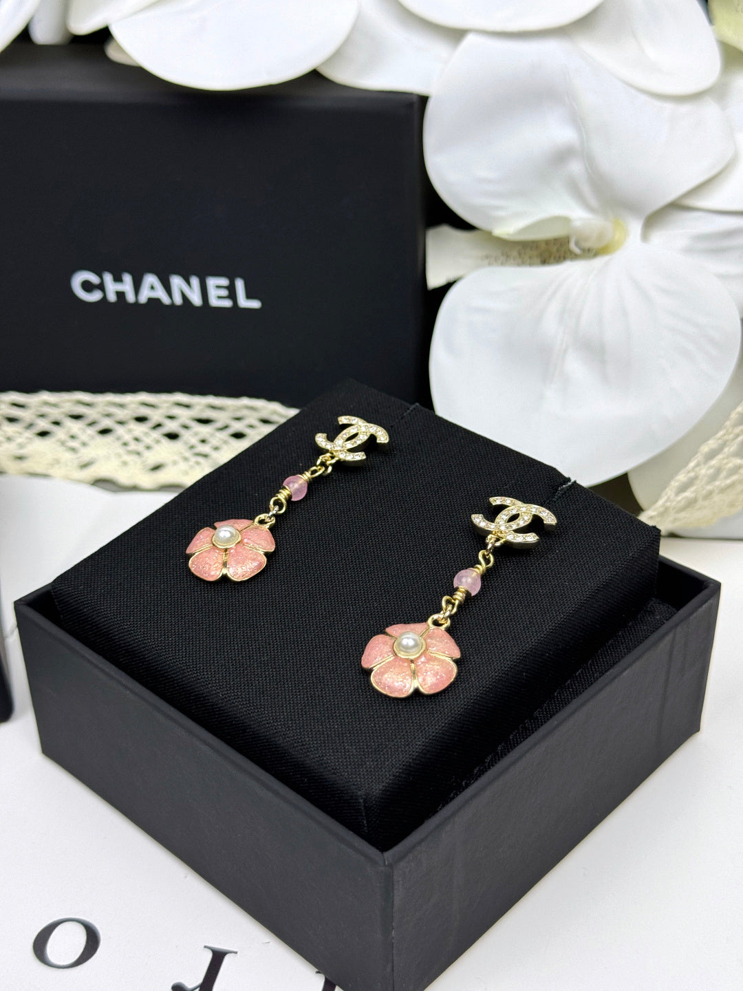 [Stars Jewelry]26C Pink Camellia Enamel Pendant with Double C Earrings